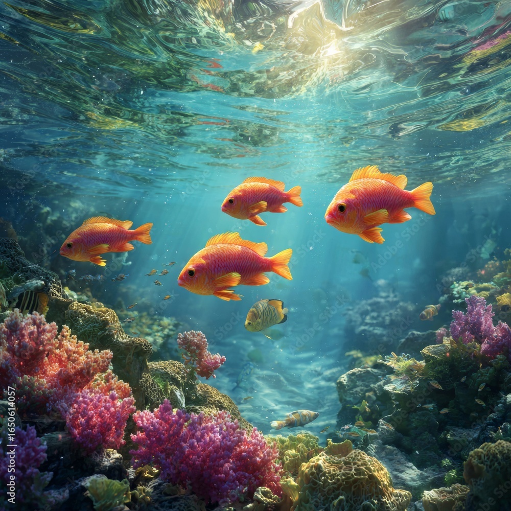 Fototapeta premium Colorful Underwater Scene with Goldfish and Vibrant Coral Reef