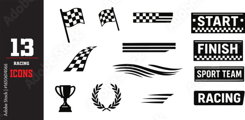 Racing Cars and Dynamic Stripes Set with Checkered Flag and Motorsport Decals – Speed Lines, Tuning Stickers, Finish Line Design