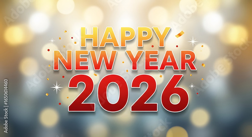 Happy New Year 2026 with Colorful Text and Festive Bokeh Lights.