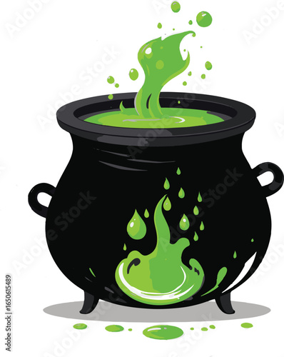 Black cauldron filled with bubbling green liquid, witch potion boiling for Halloween spooky magic decoration. Flat vector illustration