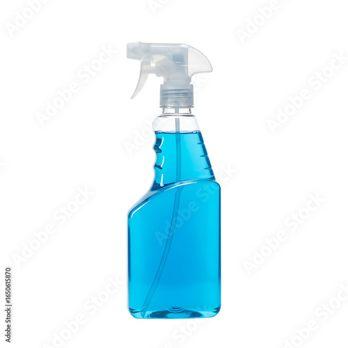 A blue cleaning spray in a clear bottle, ready for household cleaning and sanitation isolated on white or transparent background. PNG format.