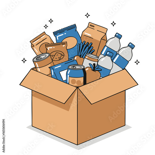 Donation box filled with groceries and snacks food supply concept, vector illustration on white background