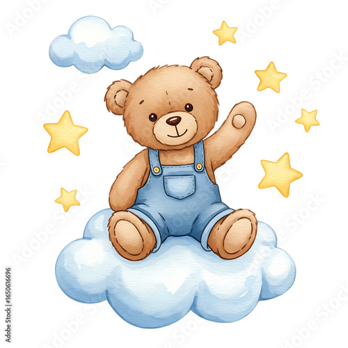 Cute teddy bear waving from a cloud with stars isolated on transparent background