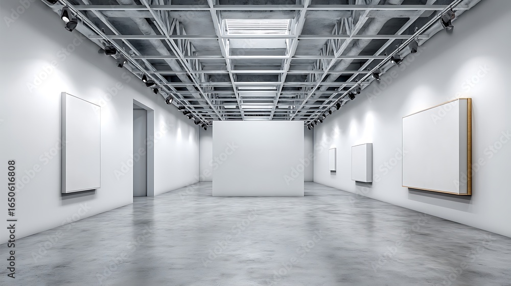 Fototapeta premium A minimalist art gallery featuring an empty white canvas on a polished concrete floor, with industrial ceilings, emphasizing simplicity and creativity.