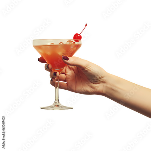 Cocktail, Martini, Red Drink, Cherry Garnish, Woman's Hand, Alcoholic Beverage, Elegant Drink, Festive Cocktail, Party Drink, Celebration Drink