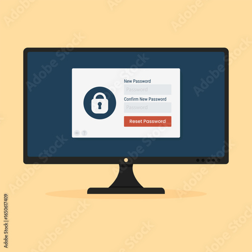Secure password reset interface vector. Desktop monitor with password reset screen for concepts related to cybersecurity, account recovery, data protection, login credentials, and digital privacy