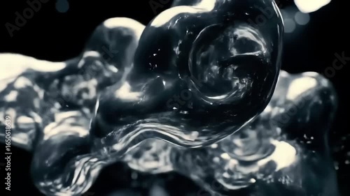 Morphing abstract liquid chrome form: hyperreal metallic flow with undulating highlights in void