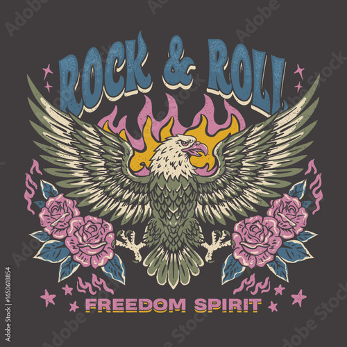 Eagle fly vector artwork design rock and roll for t-shirt and others. Rock and roll graphic print design for apparel, stickers, posters and background.