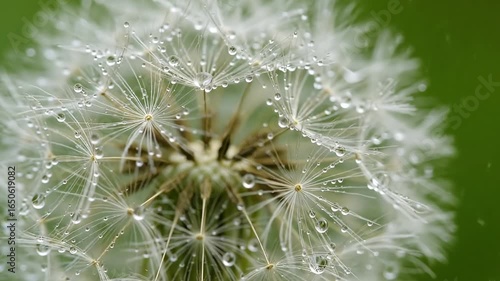 A closeup of a dandelion seed head covered in water droplets set against a green background
