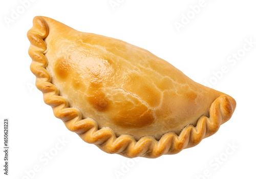 Close-up of a golden baked empanada with crimped edges on a black background