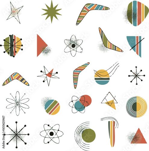 isolated need Abstract minimal element mid century vector set. Aesthetic contemporary stripe line art, vintage geometric shape, halftone in colorful. Atomic age Art form design for wall art, decoratio
