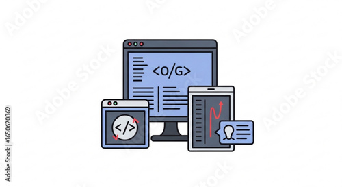 Web development software application programming interface and coding on multiple devices concept design