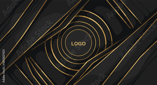 Elegant dark abstract background with swirling golden lines and a central circular design featuring a placeholder logo spot