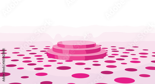A pink abstract stage setting surrounded by circular holes on a white background with subtle gradient effects