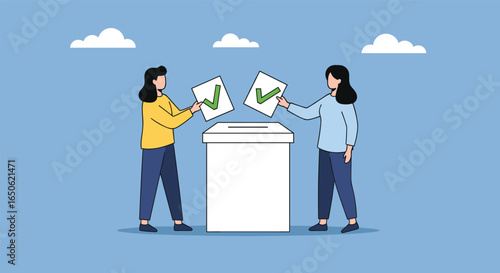 Two people voting casting their ballots into a voting box during an election campaign