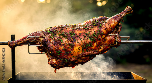  South Africa – Braai (Whole Spiced Goat). a whole goat marinated in African spices, slow-roasted on a metal spit over wood fire