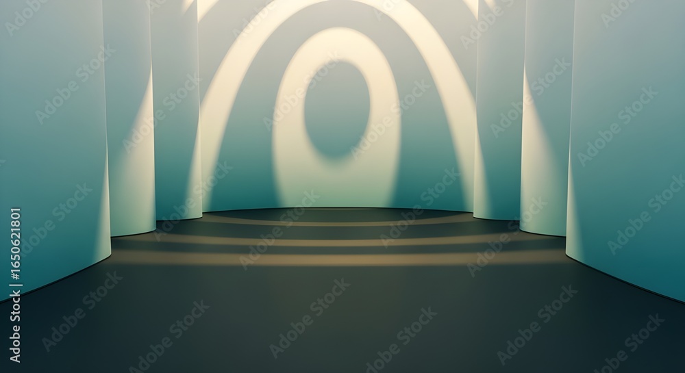 Fototapeta premium Grand Hallway with Arched Light Patterns on the Wall and Steps Leading Up