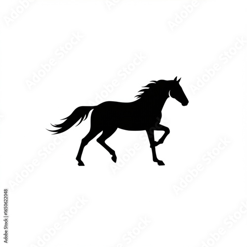 Black silhouette of a powerful trotting horse, a graceful and elegant animal icon symbolizing freedom and speed, isolated on a white background.