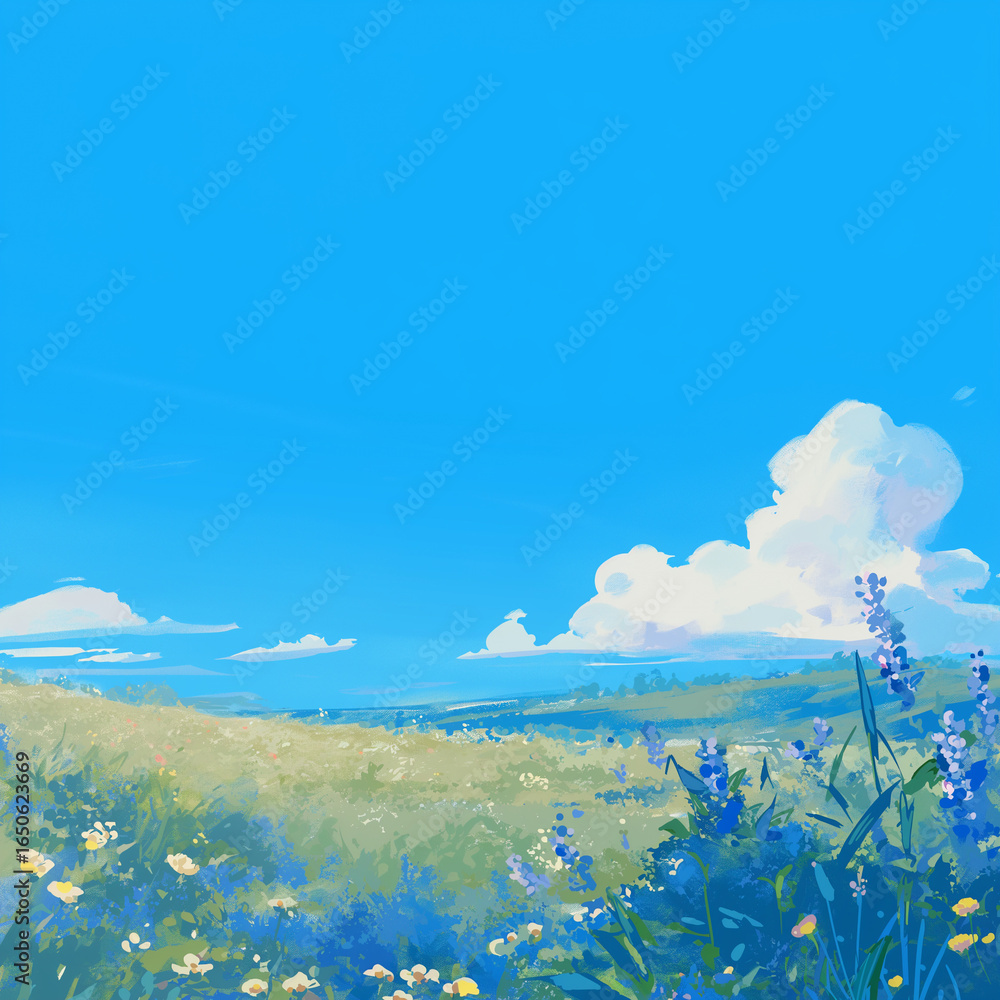 Obraz premium 日本のアニメーション風に描かれた幻想的な花畑のイラスト。青空がどこまでも続き、色とりどりの花々が咲き誇る風景が広がり、観賞用ポスターや壁紙、物語の背景素材としても最適な美しいデザイン。