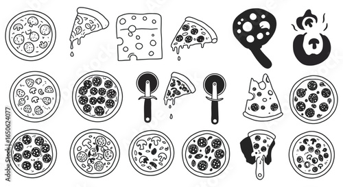 Collection of various pizza illustrations and toppings in black and white