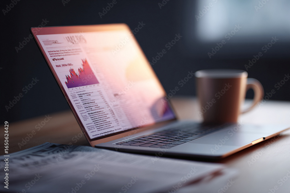 Obraz premium Laptop displaying data charts, next to a newspaper and mug. Perfect for illustrating finance, business news, analysis, and modern work life.