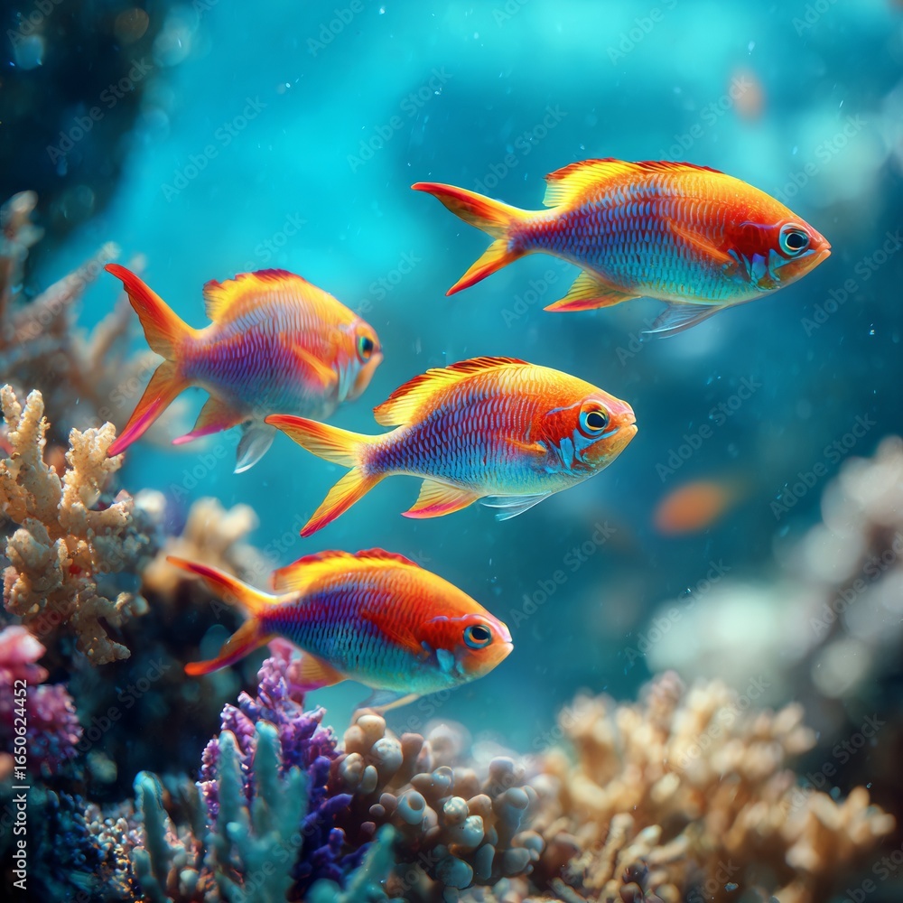 Fototapeta premium Colorful Tropical Fish Swimming Among Vibrant Coral Reef Underwater