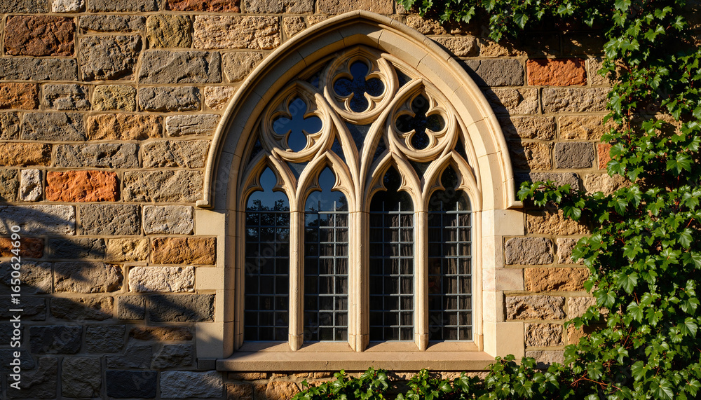 Naklejka premium Gothic arched window with intricate details on stone wall 