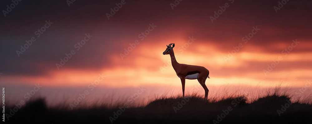 Naklejka premium Striking image of an antelope silhouetted against a vibrant, fiery sunset. Evokes feelings of serenity, adventure, and the beauty of the natural world. Great for travel, nature, or wildlife themes.