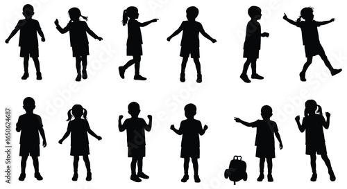Silhouettes of children in various poses and movements on white background