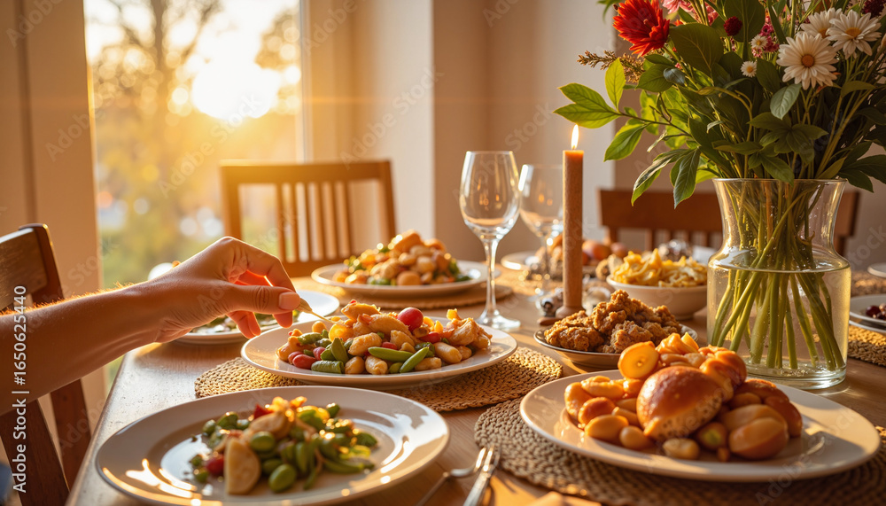 Fototapeta premium Person serving food on festive dinner table with flowers and sunset light
