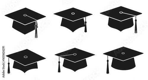 Graduation caps in different positions on white background