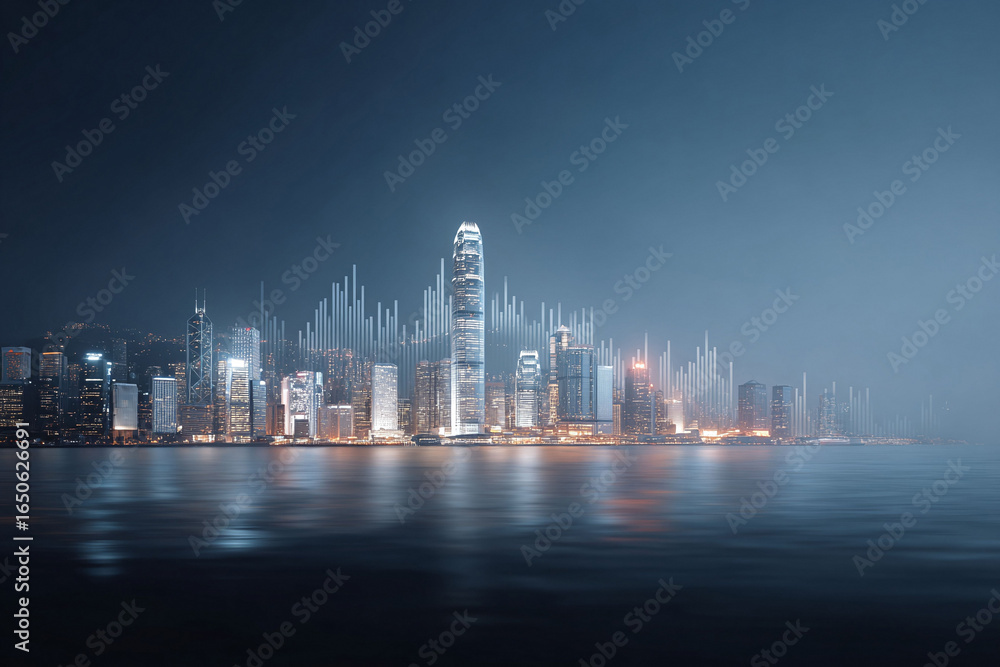 Fototapeta premium Futuristic cityscape at night, reflecting on calm water, overlaid with data graphs. Conceptual image for finance, technology, and urban growth. Striking visual for presentations.
