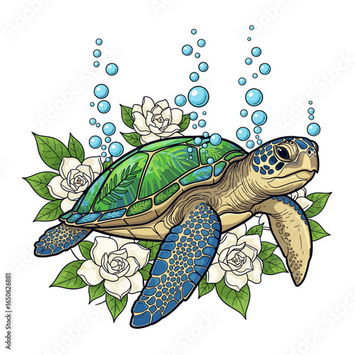 Aesthetic Sea Turtle With Floral Accent