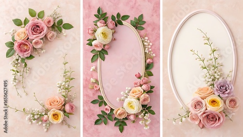 Elegant oval frames adorned with delicate pastel floral arrangements and greenery on a soft pink background