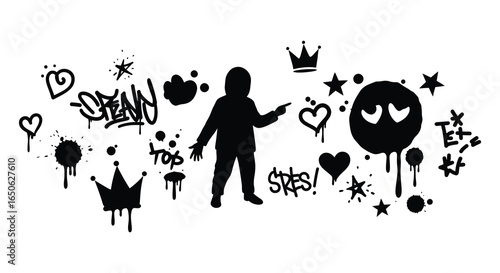 A silhouette of a child surrounded by graffiti and street art symbols