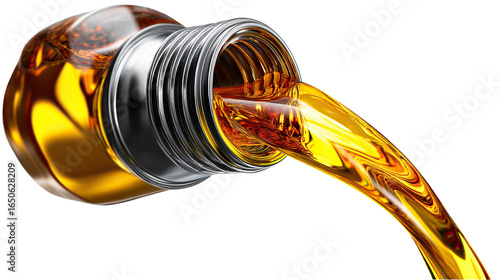 Oil Flow: A sleek metal bottle pours a stream of radiant, golden oil, capturing the essence of automotive care, energy and fluid mechanics, against a pristine, neutral backdrop.