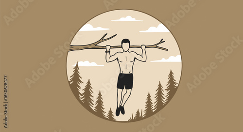 Man Performing Pull-Ups on a Tree Branch Surrounded by a Forest in a Circular Design