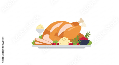 Delicious thanksgiving turkey dinner with stuffing cranberry sauce and mashed potatoes illustration design