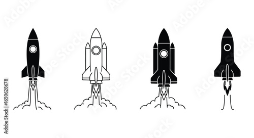 Four different rocket ship illustrations in black and white line art style