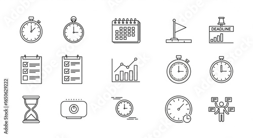 Time management planning deadline productivity calendar task list stopwatch schedule efficiency timer icons set