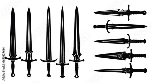 Collection of medieval swords and daggers in black silhouette on white background