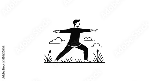Mindful Movement A person in a warrior pose, symbolizing strength and balance in nature