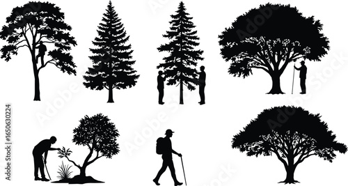 Silhouette hikers and trees, forest exploration, nature walking, outdoor adventure, trekking illustration, hiking silhouettes, people with trees, wilderness journey, scenic woods, nature lovers