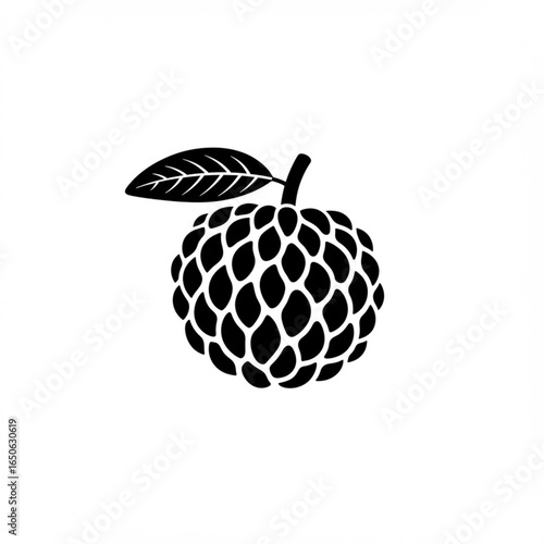 Custard apple fruit with leaf, simple black and white icon. Stylized sugar apple graphic design element, isolated vector illustration.