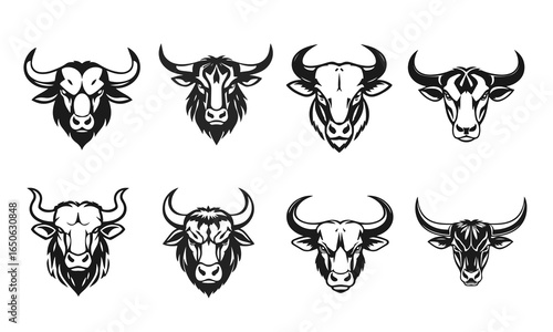 Bull head logo collection, strong animal emblem, angry bull face, horned beast icon, vector illustration