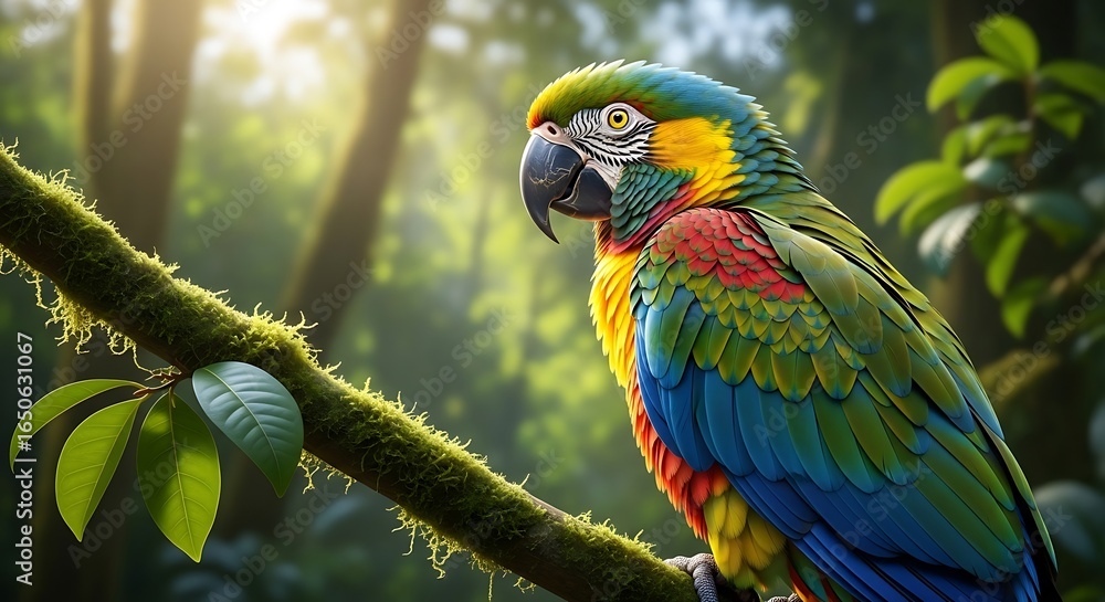 Obraz premium Exotic parrot perched upon mossy limb in vibrant jungle sunlight atmosphere