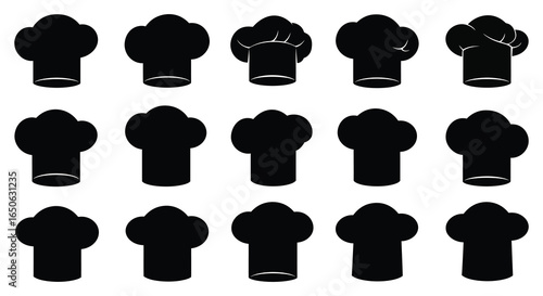 Collection of black chef hats in various styles and shapes