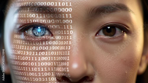 AI face closeup with binary code, dual lighting, subtle code animation, lifelike cybernetic portrait