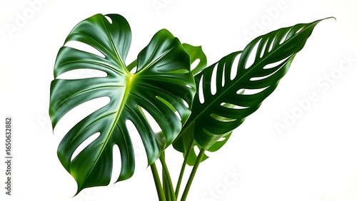 A Monstera deliciosa plant with tropical leaves isolated on a clean white background.