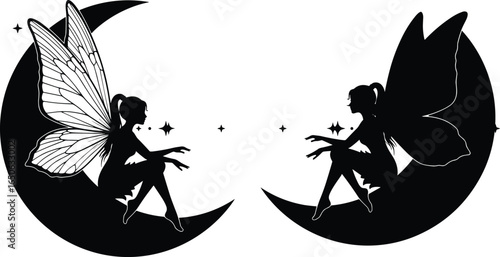 Art & IllustrationSilhouette fairy sitting on crescent moon with stars